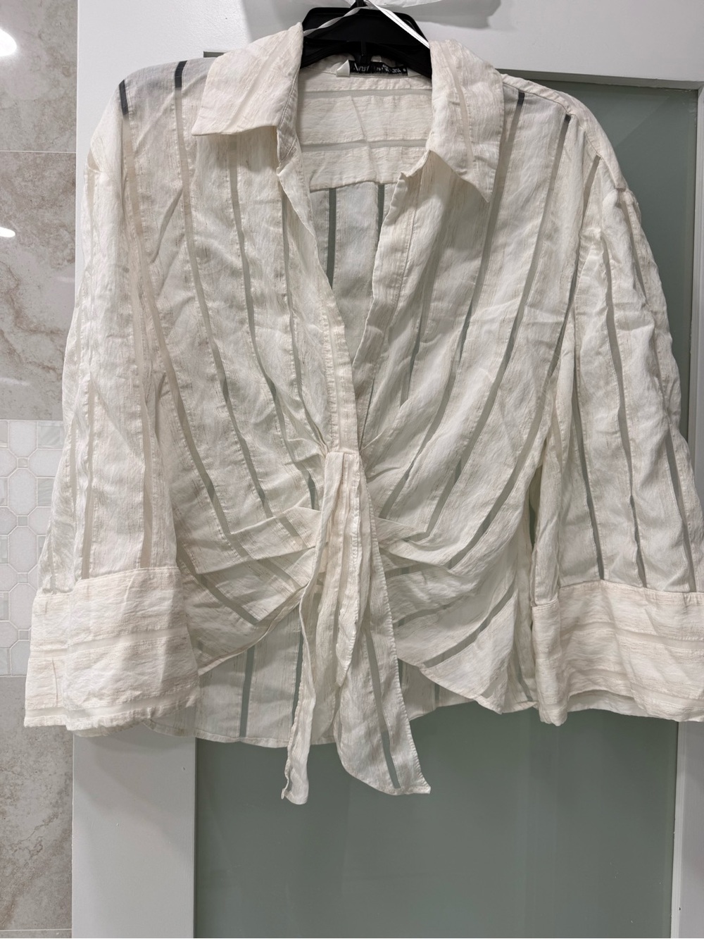 Zara White Tie-Front Striped Button-Down Shirt